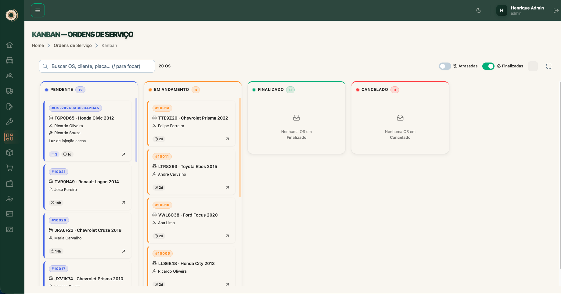 Quadro Kanban de controle de ordens de serviço no Moven