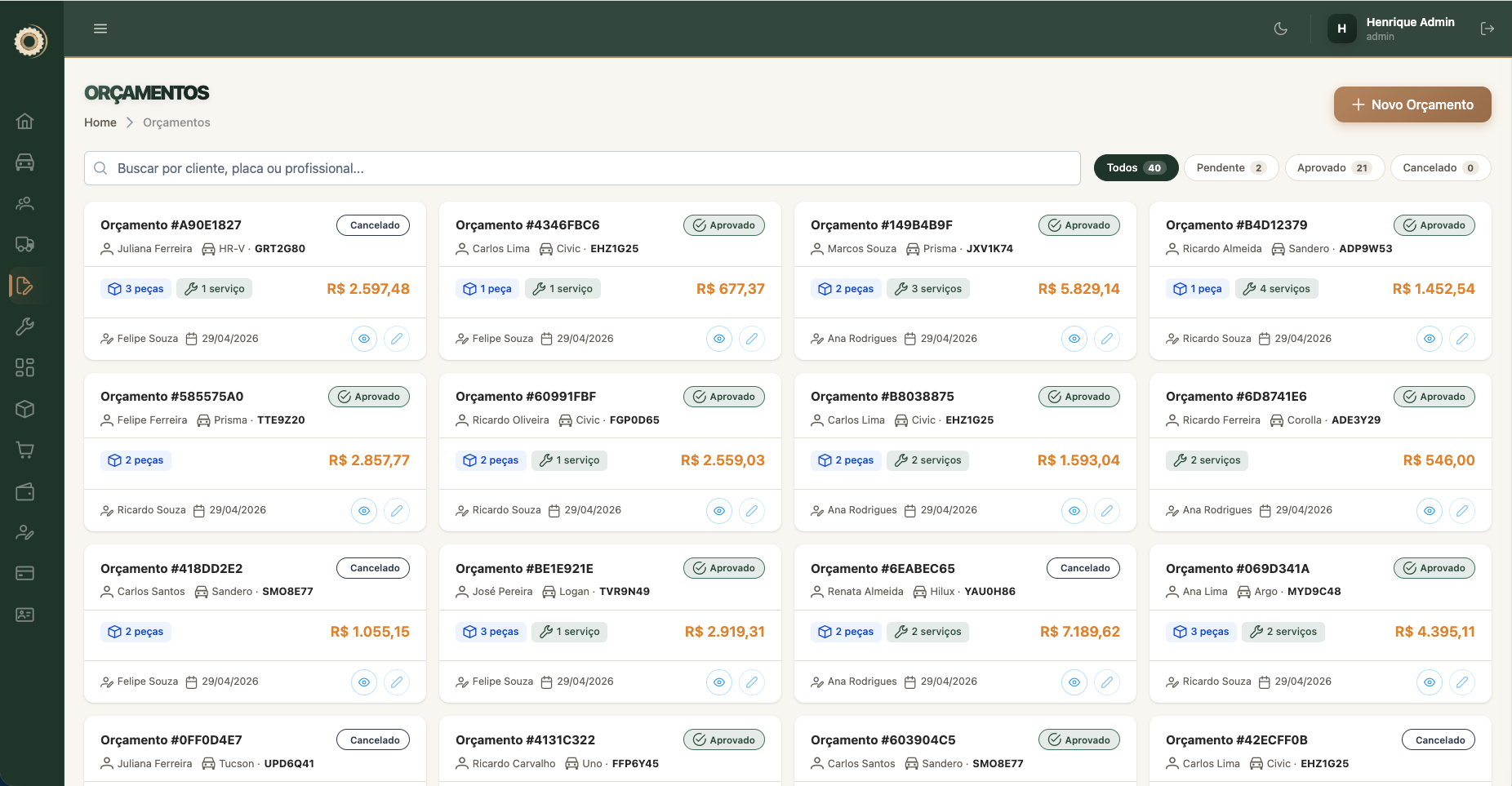 Sistema de orçamentos profissionais do Moven ERP